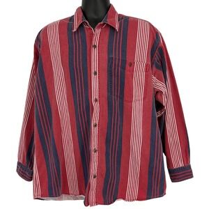 Vtg Gitano Men XL Red Navy White‎ Striped Cotton Button Down Shirt Long Sleeve